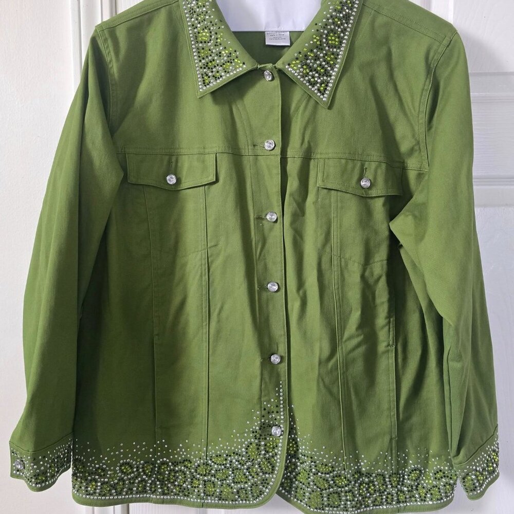 Quacker Factory Green Rhinestone Crystal & Metallic Studs Denim Jacket (2X Plus)
